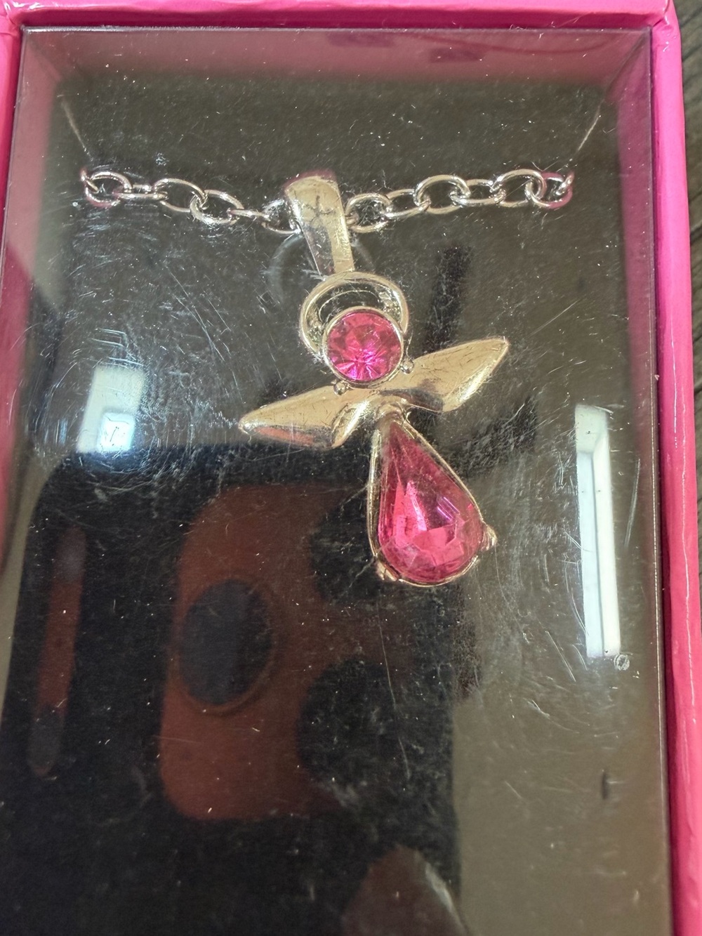 Kids Silver Angel Necklace with Pink Crystal Accent - Picture 2 of 4